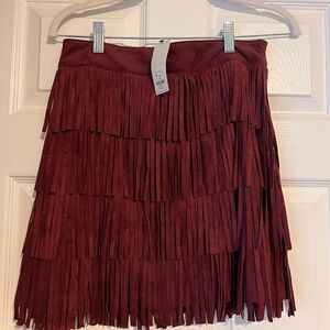 Francesca's Collections Wine Fringe Mini Skirt